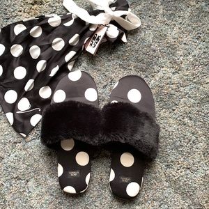 Victoria Secret Signature Satin Slippers Black White Polka Dot with Faux Fur 7-8